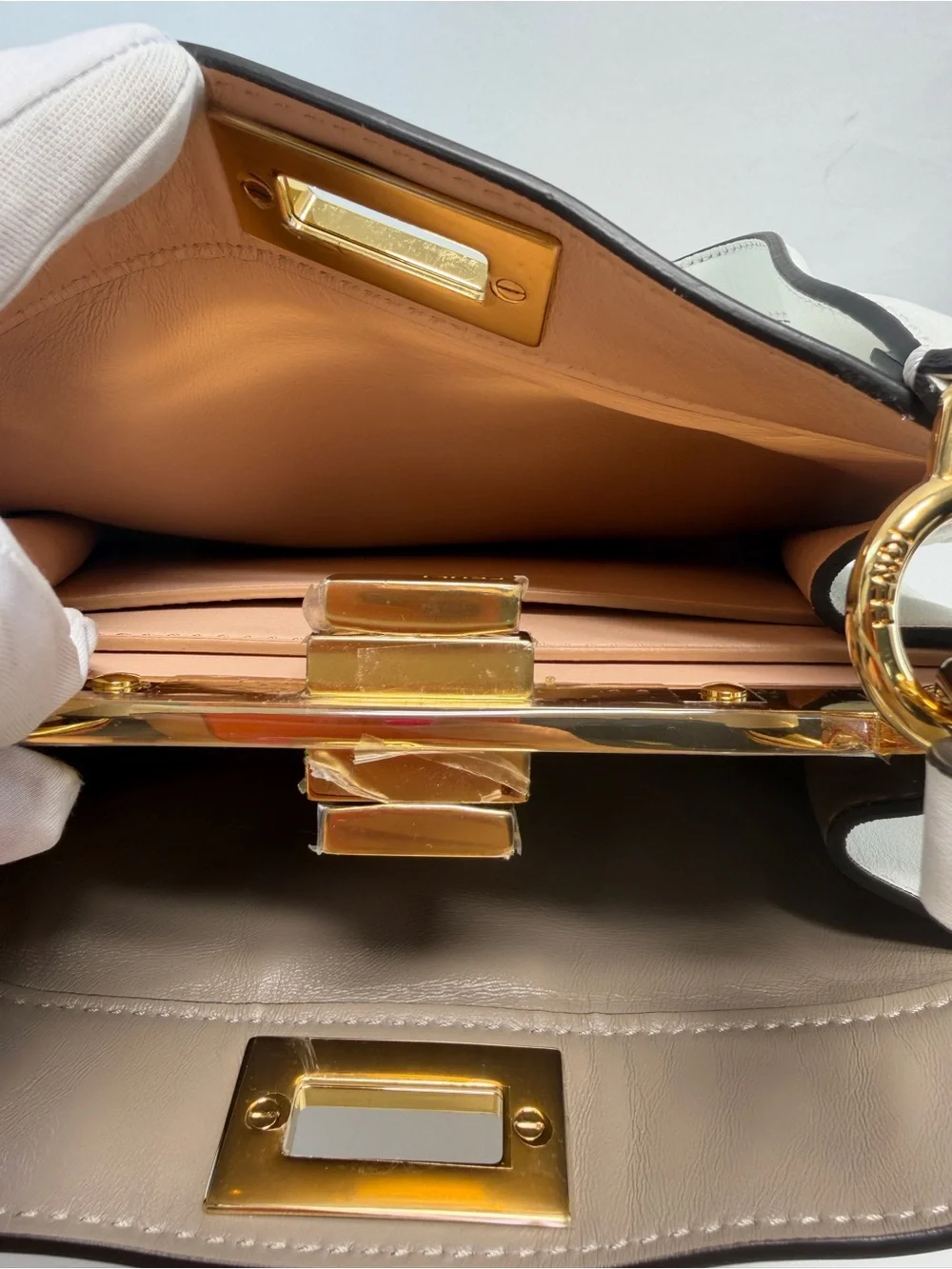 Fendi White Leather Top-Handle Satchel with Gold Hardware